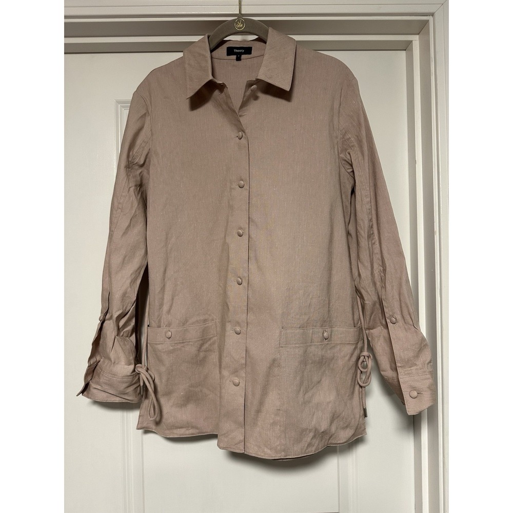 Theory, Women's Linen Blend Split Side, Tie Waist Blouse,‎ Light Pink, Size P